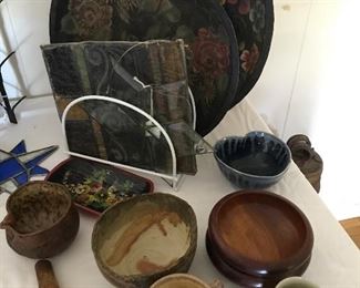 Pottery, antique stained glass pieces, Russian painted bowls