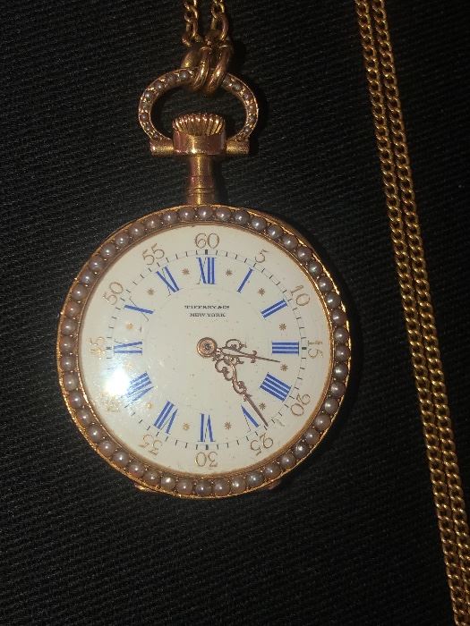 Tiffany & Co Ladies watch, 18k rose gold, seed pearls and enamel case, gold chain.  Ca. 1890