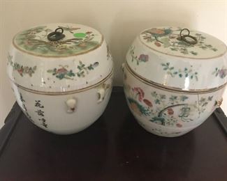 Fine antique Chinese porcelain lidded containers.   One container is heavily damaged (lid is not damaged).  The other is in good condition.