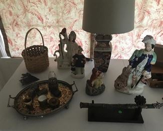 Staffordshire figurines, lamp damaged and repaired (priced accordingly)