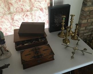 Many Antique boxes, lap desk, thread box, cigar box, antique brass candle sticks