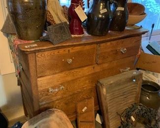 Southern pottery, churns, crocks, antique oak dresser