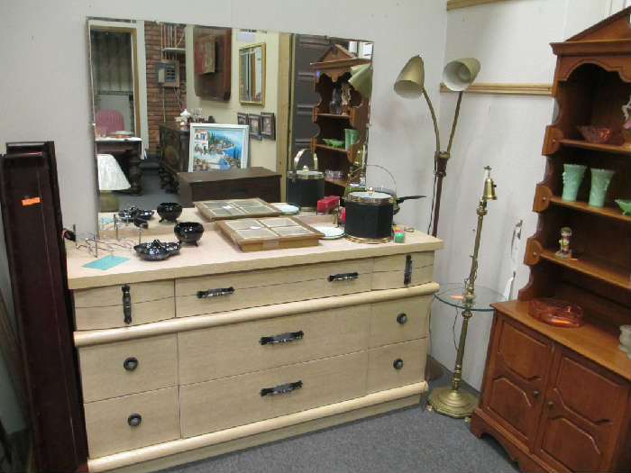 Mid-Century Blonde Dresser and Mirror- Very Good Condition-- Tons of other mid century items as well.