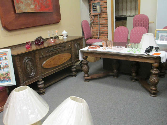 Primitive 3 Leaf 6 Chair Table and Sideboard Set--1880's  H.E Shaw out of Grand Rapids. VERY good condition. Reupholstered in early 2000's. MUST MOVE- Bottom Line Price $2400 Steals it. Please call for more information.