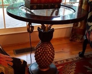 Glass & marble top table w/pineapple base