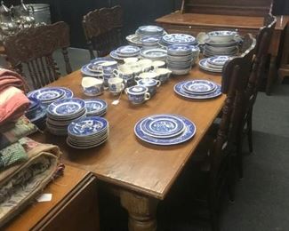 Farm Table / Blue Willow / Four Pressed Back Chairs