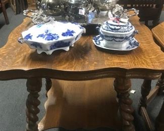 Oak Barley Twist Lamp Table / Silver Plate Tea Coffee Service with Tray / Blue Willow Servers