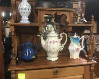 Antique Clock / Fenton Coin Dot / Oil Lamp / Coffee Pots