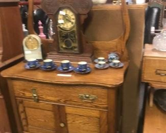 Antique Oak Wash Stand / Kitchen Clock 