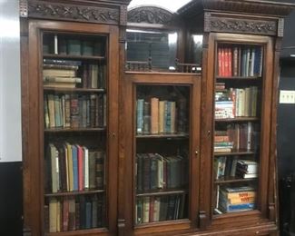 Ornate Victorian Carved Two Piece Bookcase with Mirror