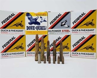 400: Approx. 200 rds. Of 2 3/4in. 20 Gauge Shotshells
Six Boxes of Federal Duck & Pheasant shotshells, one box of Federal Hi-Power Steel shotshells, One box of winchester Dove & Quail Shotshells and eleven Loose rounds