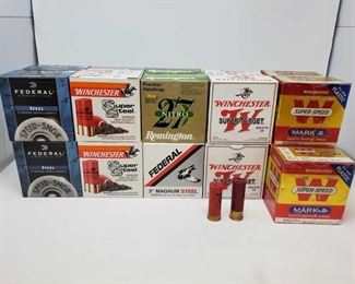 402: Approx. 526 rds. Of 12 Gauge ShotShells
Four boxes Federal Steel 3" Shells, three boxes Winchester Super Steel 3" Shells, three boxes Federal Magnum Steel 3" Shells, two boxes Remington 27 Nitro 2 3/4" Premier Handicap Shells, three boxes Winchester Super-Target 2 3/4" shells, six boxes Winchester Super-Speed Mark 5 2 3/4" shells