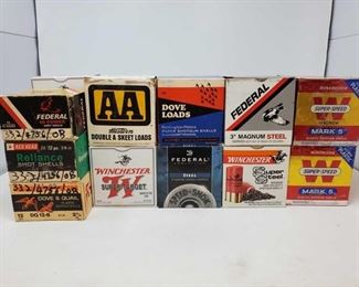 406: nApprox. 450rds of 12Ga. ShotShells and Four boxes of apparent Reloaded 12Ga. ShotShells
Seven Boxes Winchester Super-Speed Magnum Mark 5 2 3/4" Shotshells, Two boxes Federal Steel 3" shotshells, five boxes Winchester Super-Target 2 3/4" shotshells, one box federal 3" Magnum Steel Shells, one box winchester super steel 3" shells, four boxes of apparent reloaded 12 gauge shells