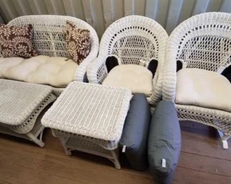 7020: White Wicker Furniture set w/ Decor Pillows and Cushions
Gorgeous and soooo patio-ready! This is a super cute white wicker patio set with two chairs, a rocker, love seat, side and coffee table w/ decor pillows and cushions
