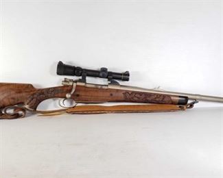 295: Interarms Mark X Bolt Action .416 Taylor Rifle, with Scope, Leather Strap, and Booklet
Serial Number: B287095
Barrel Length: 23.25"
Classic Safari Hunter Express .416 Taylor. Stock is hand carved with oak leaves pattern. Has Leupold Vari-X III 1.5x5 scope. Has tooled leather shoulder strap. Includes booklet of information about this rifle and various info related to .416 Taylor ammunition.
California Transfer Available. Ca and out of state shipping available to your local FFL. Buyer is responsible for checking local laws before bidding.