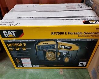 6949: NEW IN BOX CAT RP7500 E Portable Generator
Here’s a CAT RP7500 E Portable Generator, #490-6491. Features 7500 running watts/9375 starting watts providing up to 11 hours of power to 6 outlets, including 120v and 240v 30a twist-lock receptacles. Electric start, LED control panel, padded double hinged handle and solid rubber wheels. NIIIICE unit.