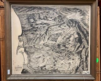6902: Framed Areoview of San Diego County
Wow - what stunning detail! Hand-drawn and illustrated by F.E. Knight, this is an aeroview of San Diego County in a rustic flat-rimmed brown painted wooden frame. Measures approx 47" x 52"