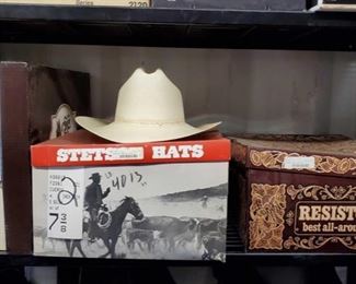 7300: Four Cowboy Hats, Sizes M, 7 3/8, and 7 1/2
Cowboy hats! VERY nice looking hats including a Stetson Norteano in natural, size 7-3/8th; a handsome long oval natural weave Chapparel by Resistol, size 7¼; a Stetson Cuerda in black, size 7.5; and an Australian Legend Akubra The Swagman style silver belly size Medium.