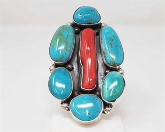 149: One of a Kind Chunky Native American Ring with Large Coral and Turquoise Stones Artist Marked
One of a Kind Chunky Native American Ring with Large Coral and Turquoise Stones Set in Heavy Sterling Silver Complete with makers stamp and Zia logo, measures about 4” and weighs 111.8g Size 8.5
Low Estimate: 800.00
High Estimate: 1200.00