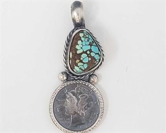 175: Beautiful Artist Marked Sterling Pendent with a Authentic Mercury Dime (chain not included)
Beautiful Artist Marked Handmade Native American Sterling Silver Pendent with a Authentic Mercury Dime
Weighs approx 11.1g Measures approx 2"