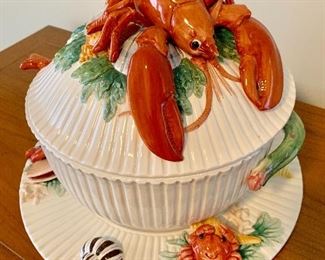 Fitz and Floyd Lobster Soup Tureen, ladle and tray.  Pristine condition.