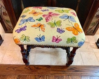 Butterfly needlepoint hobnailed stool, foot rest