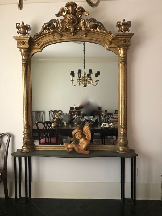 large gold leaf mirror  5’ x6 ‘
on iron and marble base