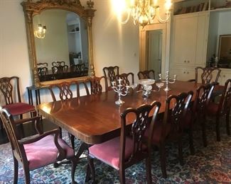 beautiful antique double pedestal dining table, made in New Orleans, 52" x 9' 7" & 12 Chippendale style chairs
