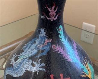 12in Asian Cloisonne Blue Dragon vase	