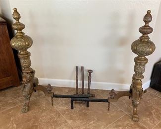 37in 1800s Brass Andirons Lion Head	37in H	