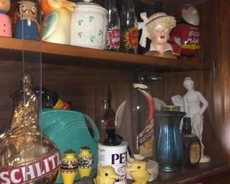Vintage whiskey bottles, figurines, vintage Schlitz Beer, 
