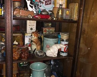 Antique Hull Pottery, Shlitz beer, tins, antique advertising 