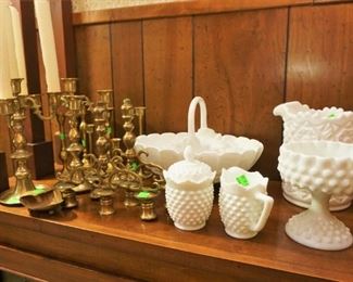 Milk glass collection and brass