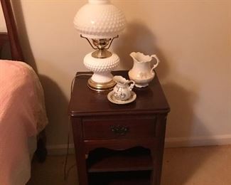 Night Stand and Milk Glass Lamp