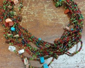 tbs glass, turquoise, and coral necklace