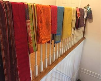 Tapestries and scarves from various countries.