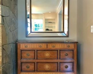 LILLIAN AUGUST PARQUETRY CHEST   46IN W X 20IN D 37IN H  , BEVELED MIRROR  LILLIAN AUGUST 4FT H X 40IN W