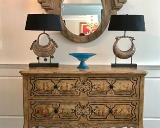 THEODORE ALEXANDER CHEST WITH PAINTED DETAIL , LAMPS AND MIRROR Not for sale 