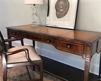 MAITLAND SMITH LEATHER TOP DESK , PAIR OF RESTORATION HEAVY GLASS LAMPS  65in  W X 27D