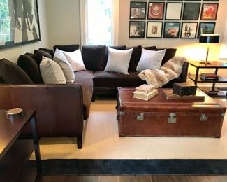 Bernhardt Sectional in Leather and Velvet 9ft by 7ft and all furnishings and carpet (approx 9 x 13) Trunk Cocktail Table 4ft L with side drawer storage