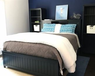 Queen Size Navy Pottery Barn Bed with Side Drawer and Shelf Storage. Pair of Coordinating Bookcases