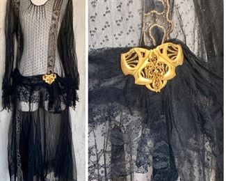 1920s tulle silk lace with gilt pin embellishment