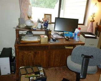 Computer desk, chair, computer, office stuff, etc.