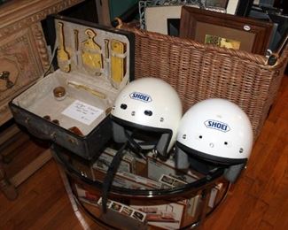 Shoei motorcycle helmets and antique celluloid dressing case