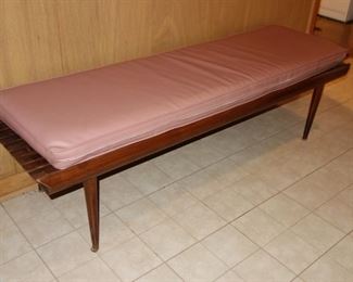 Mid-century modern slat bench with custom made mauve vinyl cushion