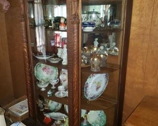 Antique Two Oak Curio Display Cabinet with Curved Glass 