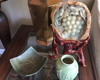 Rookwood pottery, carved soapstone 