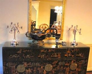 Asian Cabinet, Large Framed Mirror and Candle Sticks with other Decorative