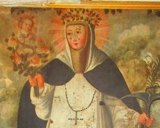 18 th Century School of Cuzco. Saint with baby Jesus 56 x 42 inches. Circa 1780-90