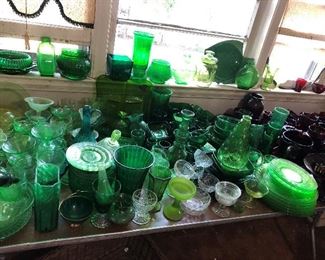 DEPRESSION GLASS IN GREEN, PURPLE & BLUE TOO